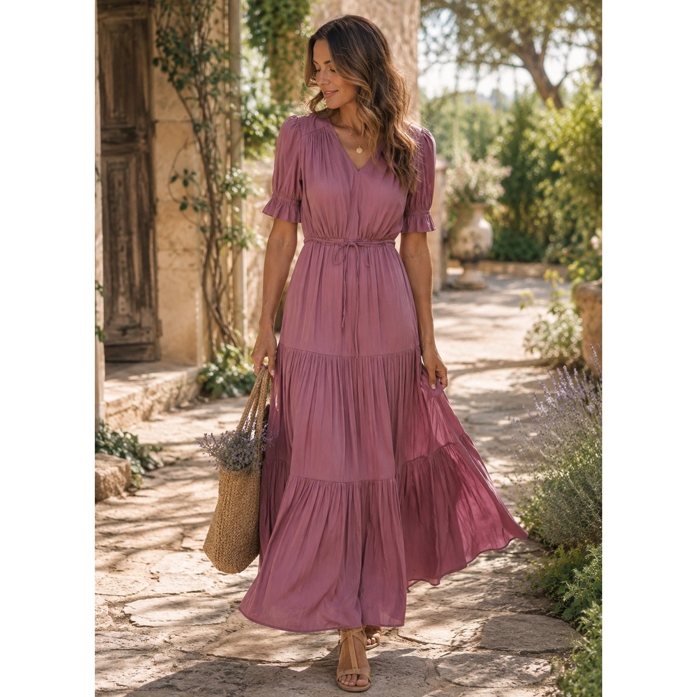 Gal Meets Glam DAHLIA V-Neck Tiered Maxi Dress Puff Sleeve WOMEN 2 ELDERBERRY